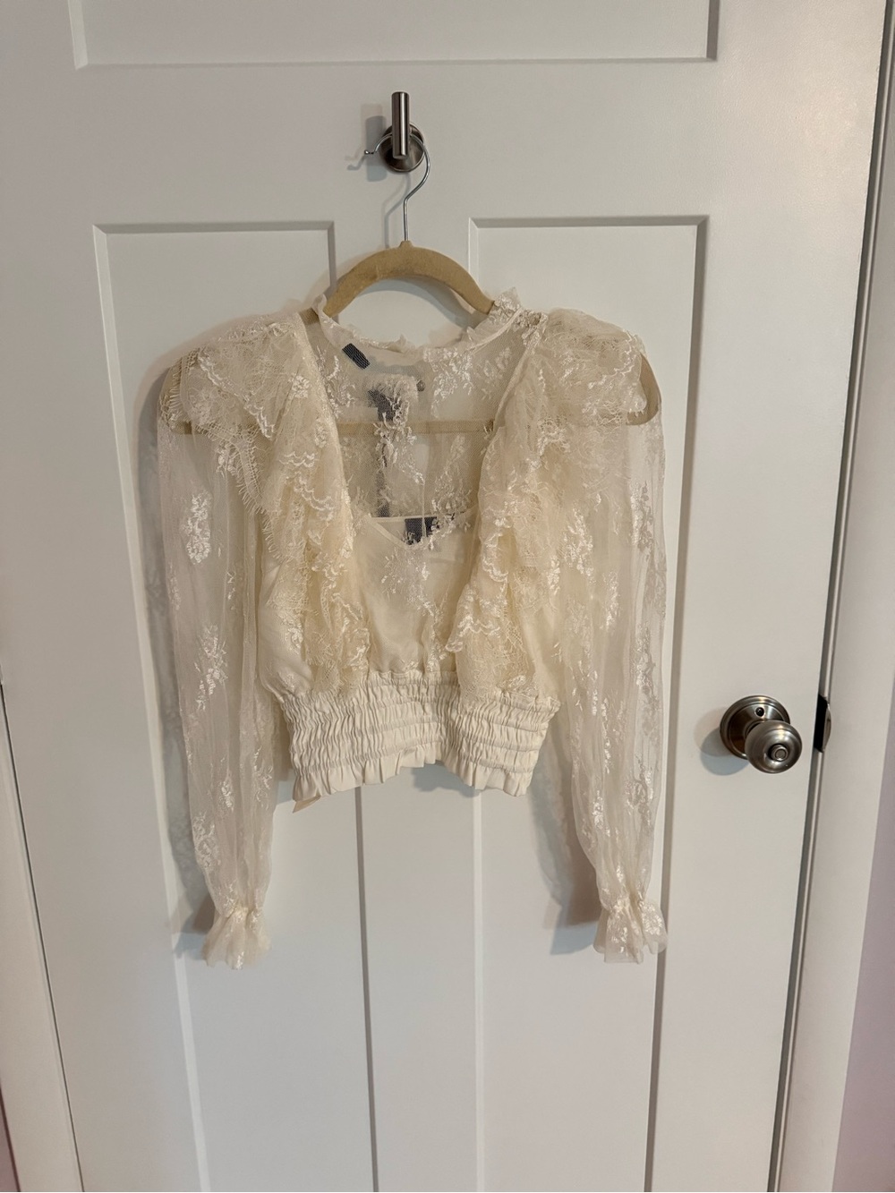Pinko Cream Sheer Lace Ruffle Crop Blouse